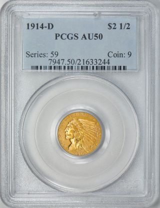 1914 - D Indian Head Quarter Eagle $2.  5 Gold Pcgs Au50 photo