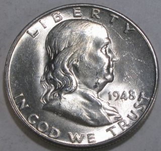 1948 D Franklin Silver Half Dollar Brilliant White Coin With Great Bell Lines photo