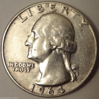 1964 Washington Quarter Last Year Of Coin Silver - Vf photo