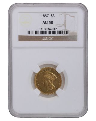 1857 Ngc Au50 $3 Princess Head Three Dollar Gold Coin With A Great Look To Her photo