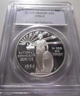 1996 S National Community Service Silver Dollar Proof Pcgs Pr69 Dcam photo