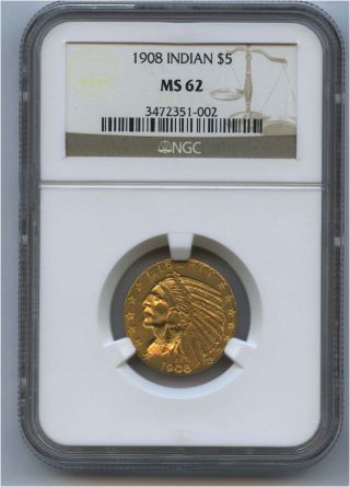 1908 $5 Indian Gold Coin Ist Year Of Issue Ngc Ms 62 photo