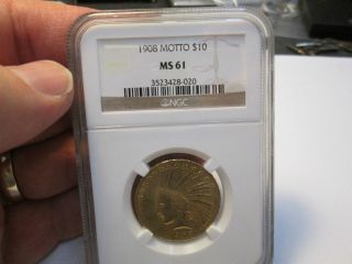 Better Date 1908 With Motto 10 Dollar Indian Gold Coin In Ngc Ms61 Uncirculated photo