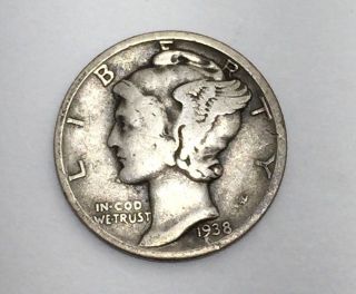 1938 Denver Silver Mercury Dime Circulated U.  S.  Details Estate photo