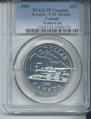 1981 Canada Tran - Con Silver Dollar - Pcgs Sp /scratch Unc Details/.  375 Slv photo