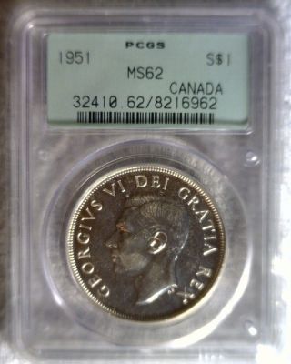 Canada 1951 Silver Dollar Graded Pcgs Ogh Ms62 Old Green Holder photo