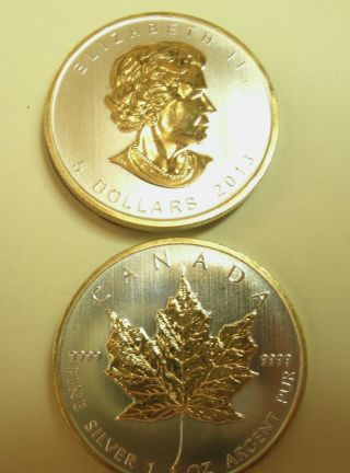 1 - 2014 9999 Fn Can Silver Maple Leaf $5 Coinw/24kt Sel Gold Gilded,  Buy Gift photo