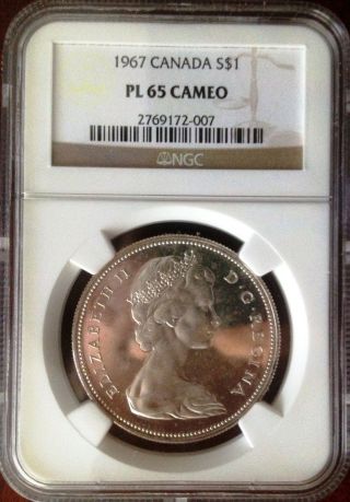 1967 Canadian Silver Dollar Ngc Pl 65 Cameo,  Certified Gem Prooflike photo