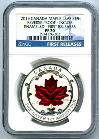 2015 $5 Canada Silver 1 Oz Maple Leaf Ngc Pf70 Enameled Incuse Reverse Proof Fr photo