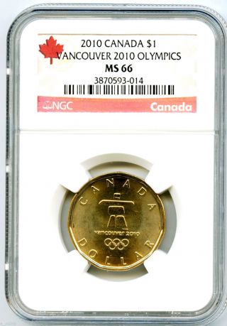 2010 Canada $1 Inukshuk Lucky Loonie Ngc Ms66 Vancouver Olympics Loon Dollar photo