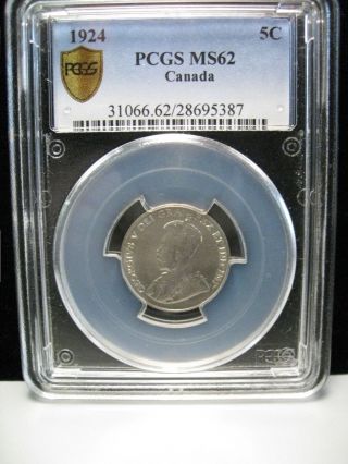 Bu 1924 5 Cent.  Canada.  Pcgs Ms62.  Canadian Nickel.  George V. photo