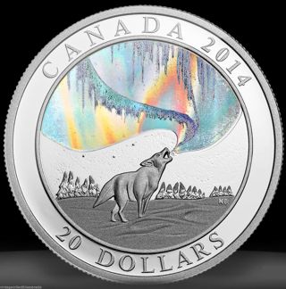 Canada 2014 Hologram $20 A Story Of Northern Lights: Howling Wolf,  99.  99 Silver photo