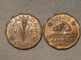 2 Canadian Tombac Nickels 1942,  1943  3088b photo