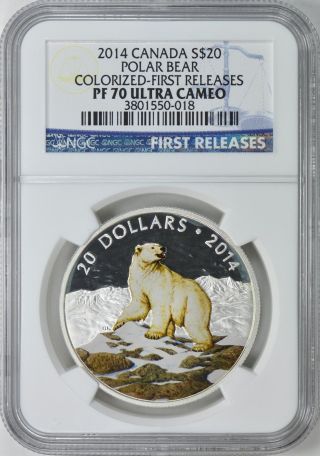 Canada 2014 S$20 Silver Polar Bear Colorized First Releases Ngc Proof - 70 Uc photo
