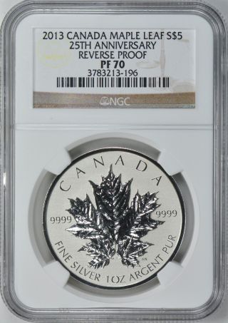 Canada 2013 S$5 Silver Maple Leaf Reverse Proof 25th Anniversary Ngc Proof - 70 photo