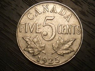 Rare 1925 5 Cents Canada V.  G To Fine.  Very Low Mintage Only 200 000 Issued /2 photo