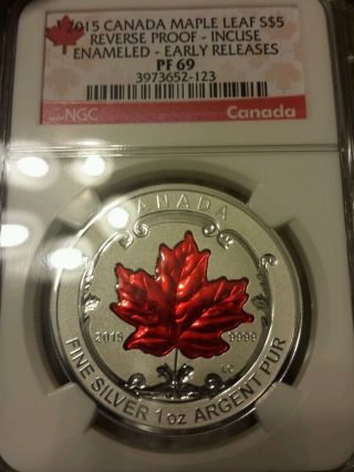 2015 $5 Canada Silver Maple Leaf Ngc Pf69 Er Reverse Proof Incuse Enameled 1 Oz photo