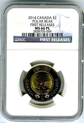 2014 Canada $2 Polar Bear Toonie Ngc Ms66 Pl Proof Like First Releases Top Pop photo