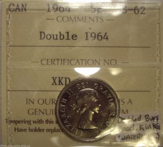 1964 Doubled 1964; Bvrs Head; K; Waterlines Five Cents - Iccs Ms - 62 (xkd - 803) photo