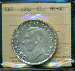 1952 Nwl Canada King George Vi Silver Dollar,  Iccs Certified Ms - 60 photo