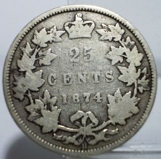 1874h Canada 25 Cents Victoria Dei Gratia Regina Silver Coin Circulated photo