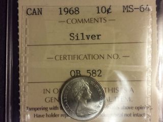 1968 Canada 10 Cents Iccs Ms - 64 Silver photo