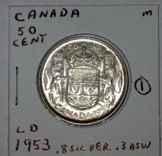 Vintage 1953 Ld Canada 50 Cent Coin;.  8 Silver.  3 Asw (1m) photo