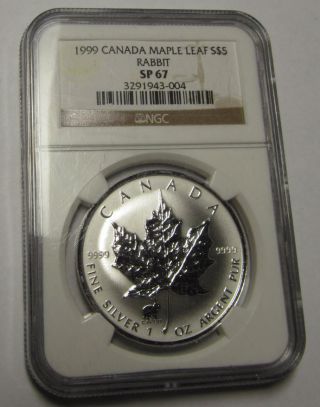 1999 Rabbit Privy Mark Canada 1 Oz $5 Silver Maple Leaf Coin Ngc Sp 67 photo