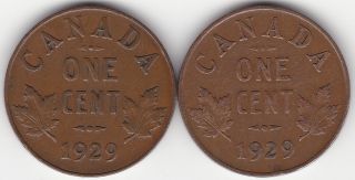 2 X 1929 Canada 1c Coin - High 9 & Regular 9 photo