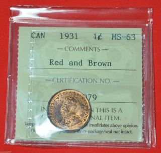 Canada 1931 1 Cent Iccs - Ms - 63 Rb - Rare Coin photo