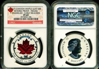 2015 $5 Canada Silver Maple Leaf Ngc Pf69 Er Reverse Proof Incuse Enameled 1 Oz photo