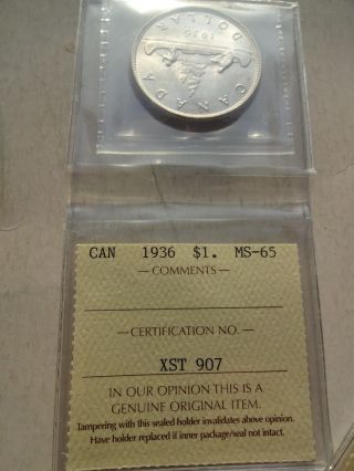 1936 Canada Canadian One Silver Dollar Coin Iccs Gem Bu photo