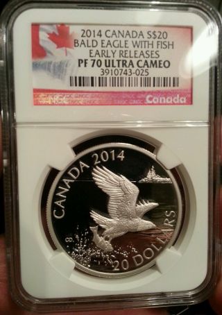 2014 Canada 1 Oz Silver Bald Eagle With Fish $20 Ngc Pf70uc Er Rare photo