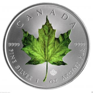 2014 1 Oz Silver Coin - Canadian Maple Leaf - Green photo