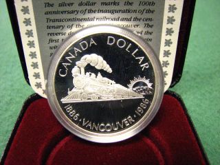 1986 Canada R.  C.  M.  Silver Dollar Vancouver Train Silver Coin W/ Black Box & photo