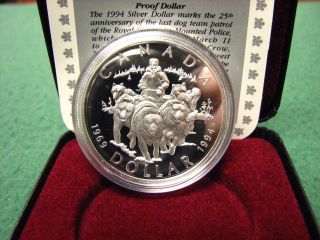 1994 Canada Silver Dollar Last Dog Team Silver Coin W/ Black Box & photo