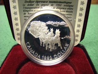 1992 Canada Rcm Silver Dollar Stagecoach Silver Coin W/ Black Box & photo