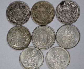 8 Canada Silver Half Dollars - 1941,  1942,  1946,  1950 1958,  1963,  1965 (2) photo
