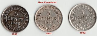 1940,  1941,  1942 - Newfoundland 5 Cents.  925 Silver.  Pre - Confederation Canada photo