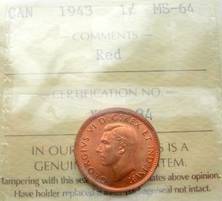 1943 Small Cent Iccs Ms - 64 Red & Lustrous Agem Brilliant Unc Penny photo