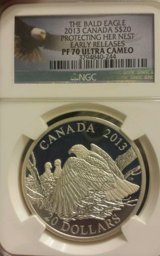 2013 Canada Silver Bald Eagle Protecting Her Nest 1oz Pf70 Uc Er Ngc Eagle Label photo