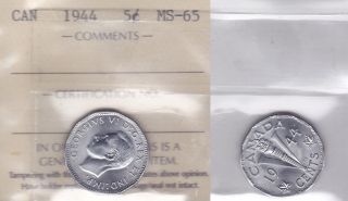 1944 Iccs Ms65 5 Cents (double Legend) Canada Five Nickel photo
