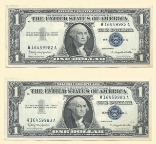 2 Consecutive 1957b One Dollar Silver Certs Crisp Uncirculated Fr1621 - 6e25 photo