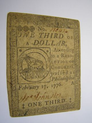 February 17,  1776 - United Colonies - Pa.  1/3 $1 - Colonial Note - Uncancelled photo
