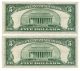 Two (2) Consecutive Uncirculated 1953a $5 Five Dollar Silver Certificates Fr 1656 Small Size Notes photo 2