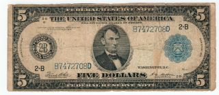 1914 $5 Dollars - Federal Reserve Note - York/b Series - Circulated,  But photo