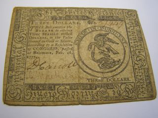 February 26,  1777 - United Colonies - Md.  $3 Colonial Note Uncancelled 37449 photo