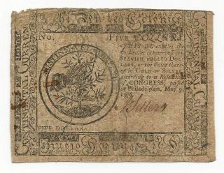 1776 Continental Currency Colonial Note $5 Five Dollars Fine F photo