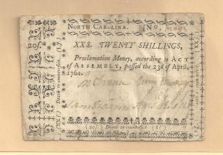 1761 Twenty Shillings North Carolina Colonia History Very Fine photo
