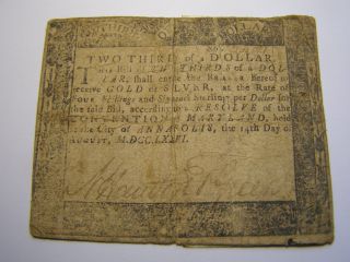 August 14,  1776 - 2/3 Dollar - Maryland - Colonial Note Uncancelled 35021 photo